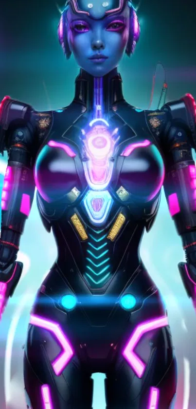 Futuristic cyborg in neon colors with sci-fi design elements.