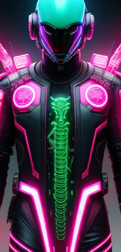 Futuristic neon cyborg with glowing elements and vibrant design.