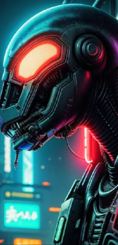Futuristic robot with neon city backdrop.