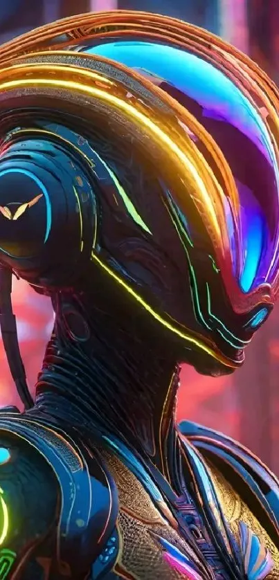 Futuristic neon cyborg with colorful design on phone wallpaper.
