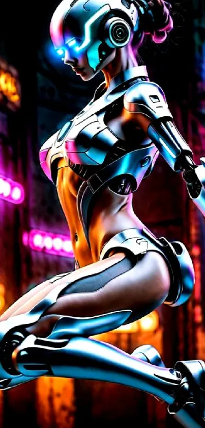 Futuristic robot in a neon-lit cityscape.
