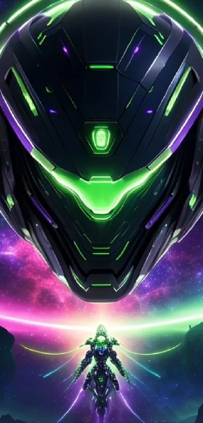 Futuristic neon cyborg helmet with cosmic background.
