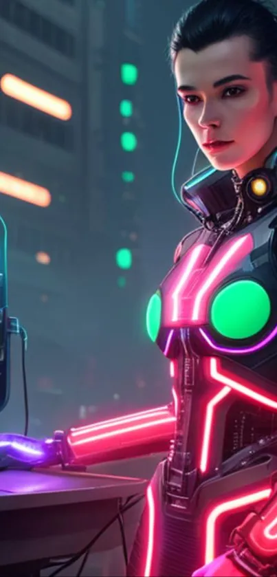 Futuristic neon cyborg in urban background.