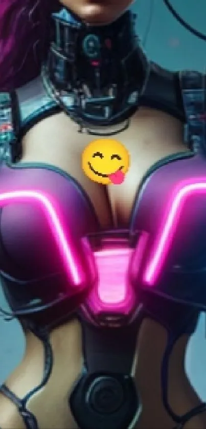 Cyborg woman in neon-lit futuristic city wallpaper.