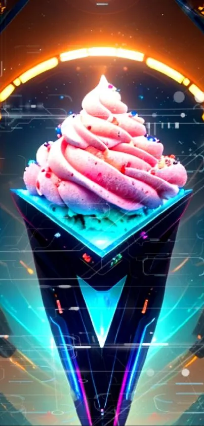 Futuristic neon ice cream art with cosmic background.