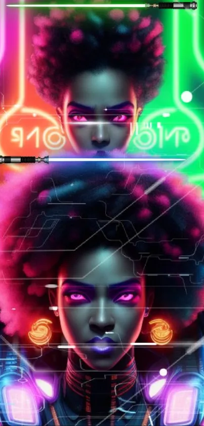 Futuristic digital art wallpaper with neon hues and cyber accents.