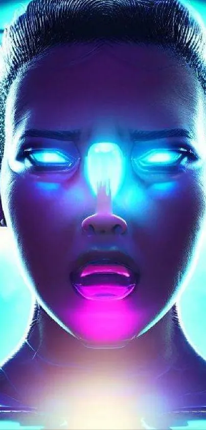 Futuristic neon digital artwork with glowing features and vibrant hues.