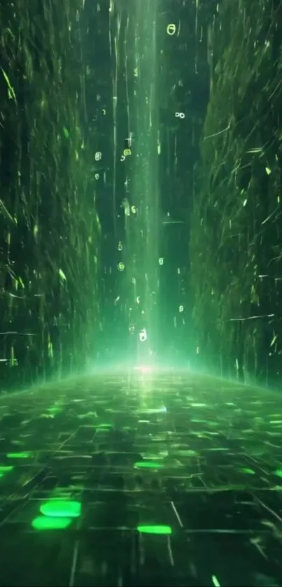 Futuristic neon green digital tunnel with sci-fi elements.