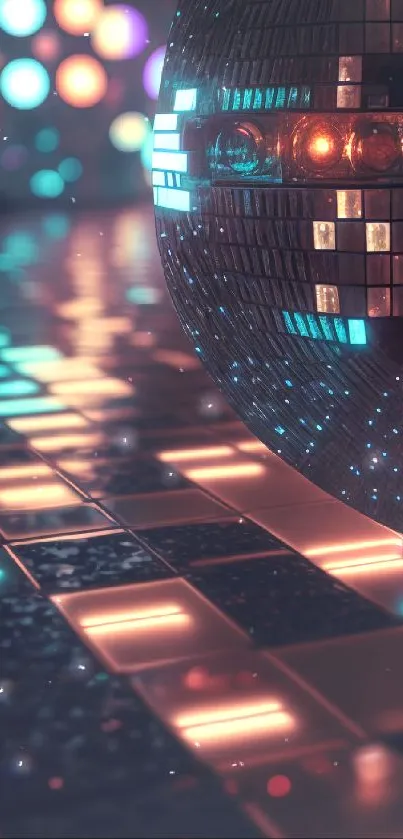 Futuristic neon discoball with glowing tiles.