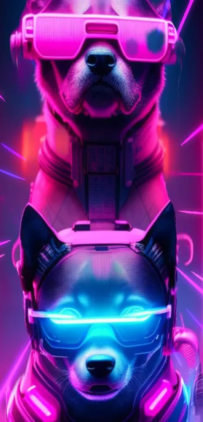 Futuristic neon dogs with cyber accessories in vibrant colors.