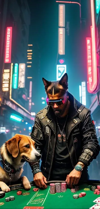 Futuristic neon poker game with dogs in a vibrant city scene.