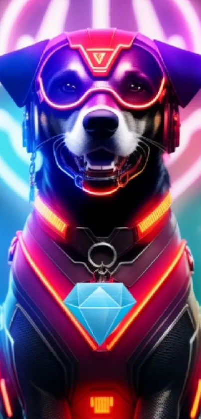 Futuristic neon dog with vibrant lights in cyberpunk style.