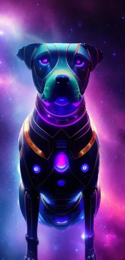 Neon cybernetic dog in a cosmic background wallpaper.