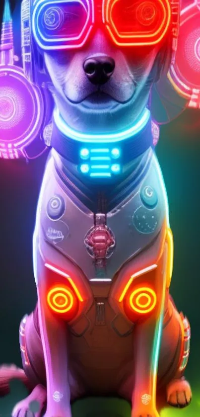 Futuristic neon dog with glowing colors and tech-inspired details.