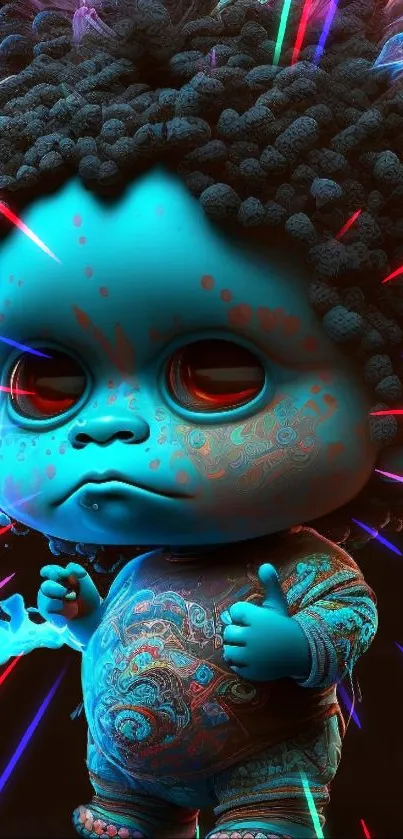 Futuristic neon doll with glowing blue effects and vibrant design.