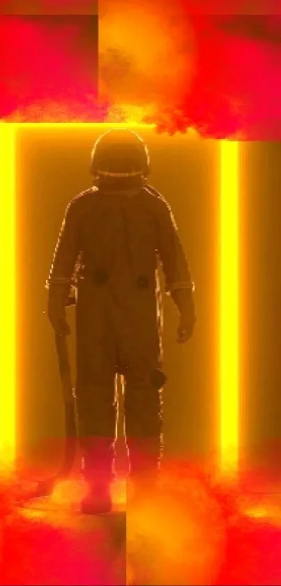 Mysterious figure in a yellow neon doorway with red accents.
