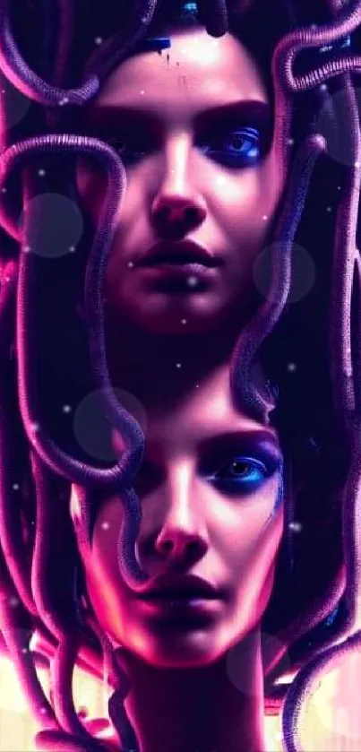 Double-faced neon portrait with futuristic, surreal elements.