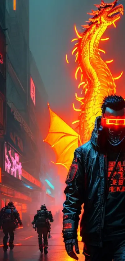 Cyberpunk scene with neon dragon and futuristic elements.