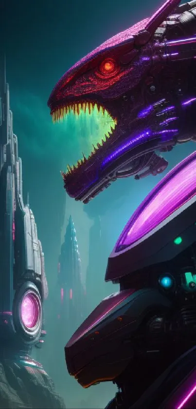 Futuristic neon dragon with sci-fi cityscape in vibrant colors.