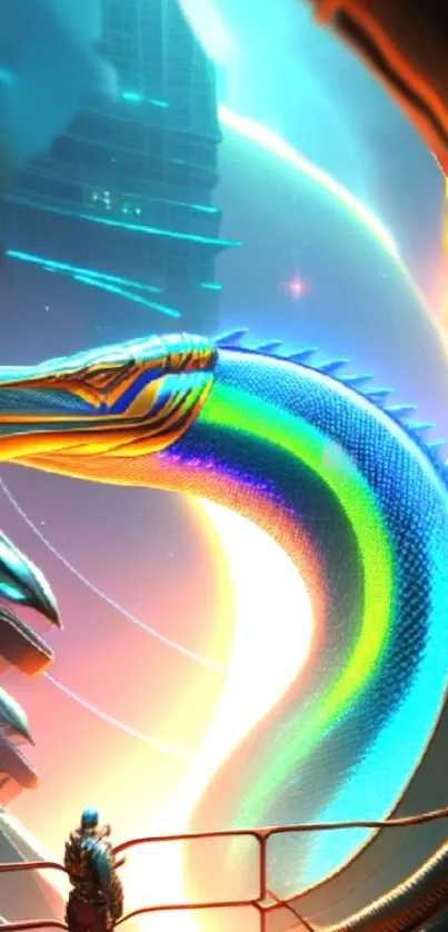 Futuristic neon dragon with vibrant colors in a sci-fi themed digital art setting.