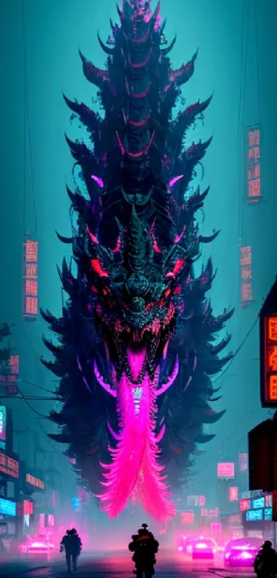 A neon dragon flies over a cyberpunk city street at night.