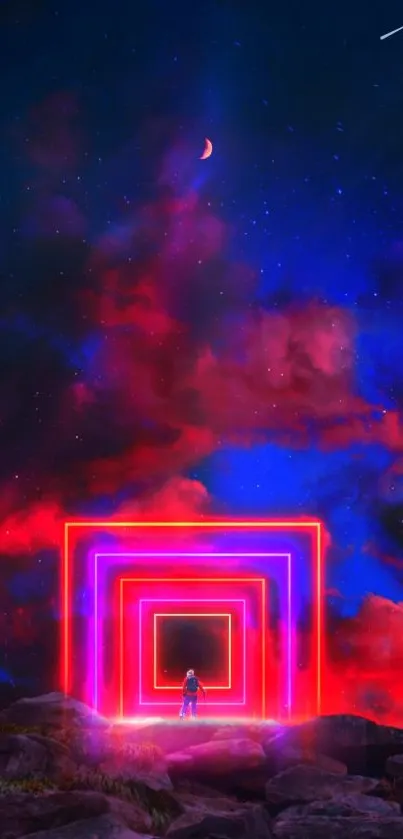 Futuristic neon landscape under a cosmic night sky with glowing rectangles.