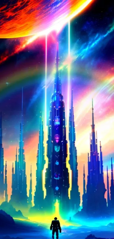 Futuristic neon cityscape with glowing planet and vibrant colors.