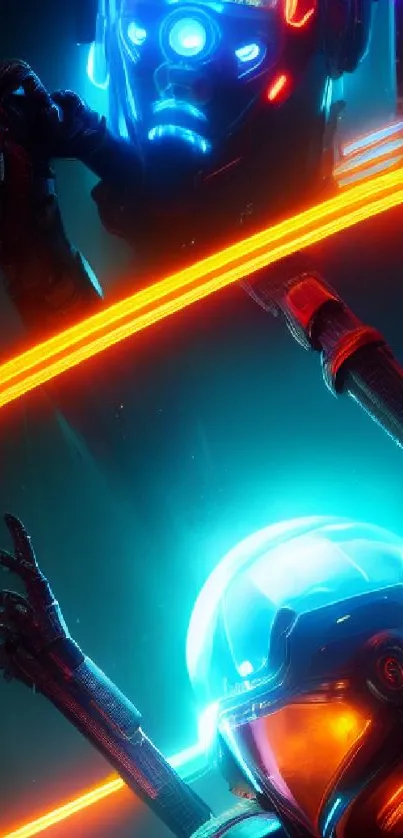 Futuristic wallpaper featuring neon blue cyborgs and vibrant orange streaks.