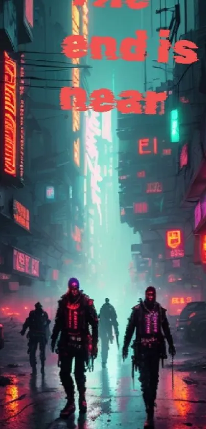 Futuristic neon cityscape with silhouettes in a dystopian setting.