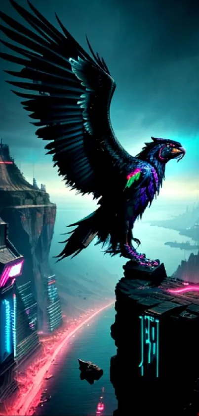 Futuristic neon eagle perched on cyberpunk cliff with glowing cityscape.