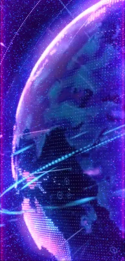 Futuristic neon Earth wallpaper with glowing blue and purple hues for smartphones.