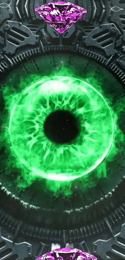 Futuristic neon green eye with mechanical design.