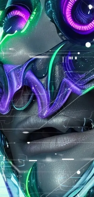 Close-up of a futuristic neon face art wallpaper.