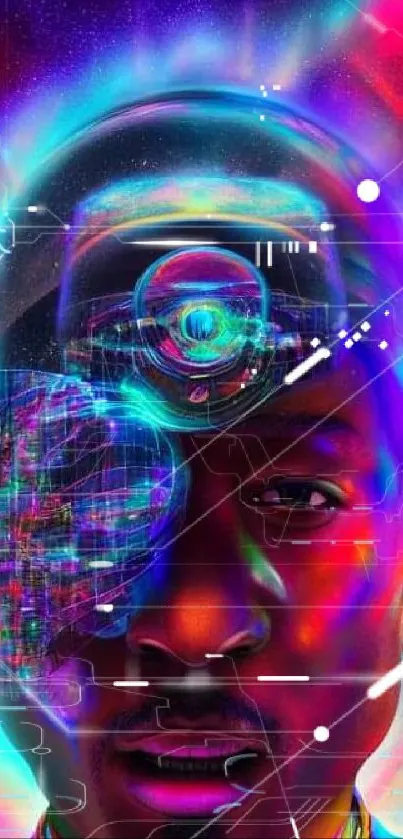 Neon futuristic face with vibrant colors and digital art elements.