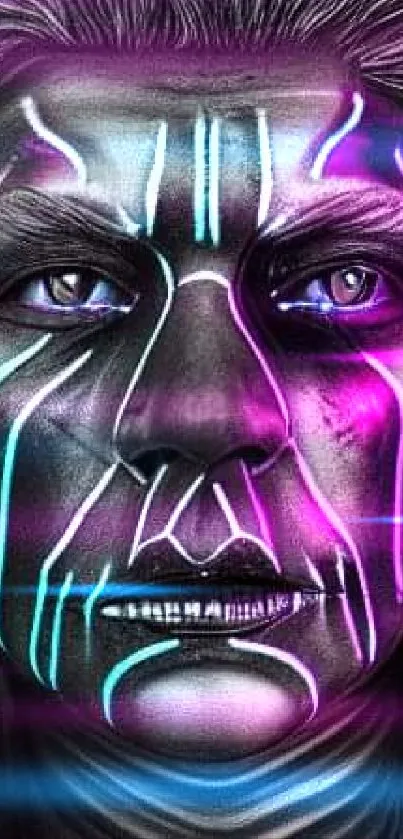 Futuristic digital art with neon face design.