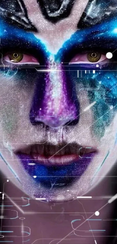 Futuristic neon face art with cosmic patterns.