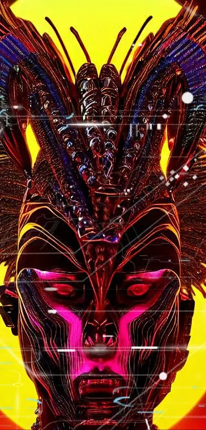 Futuristic neon face art with yellow backdrop for mobile wallpaper.