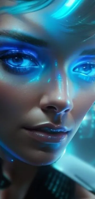 Futuristic art featuring neon cyberface with glowing blue highlights.