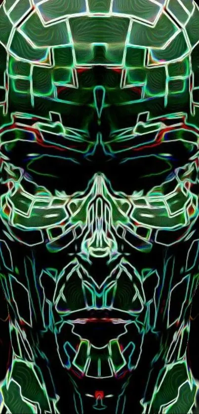 Futuristic digital face with neon lines and grid pattern in dark green.