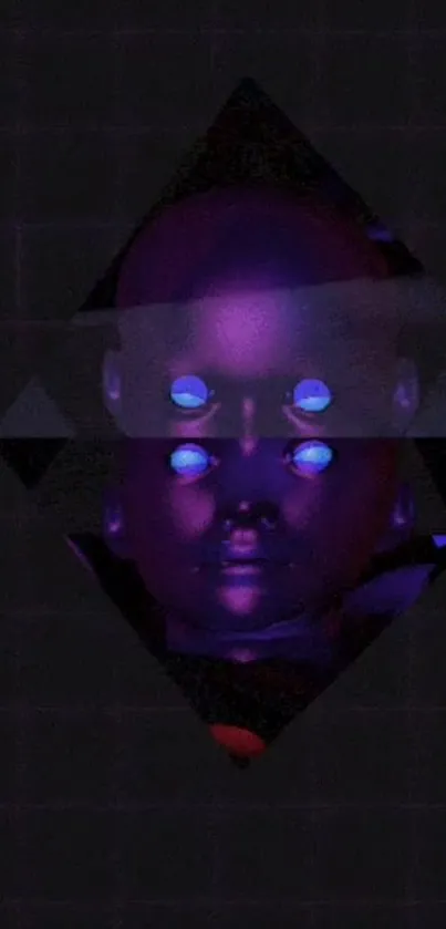 Futuristic neon face with geometric patterns in purple tones.