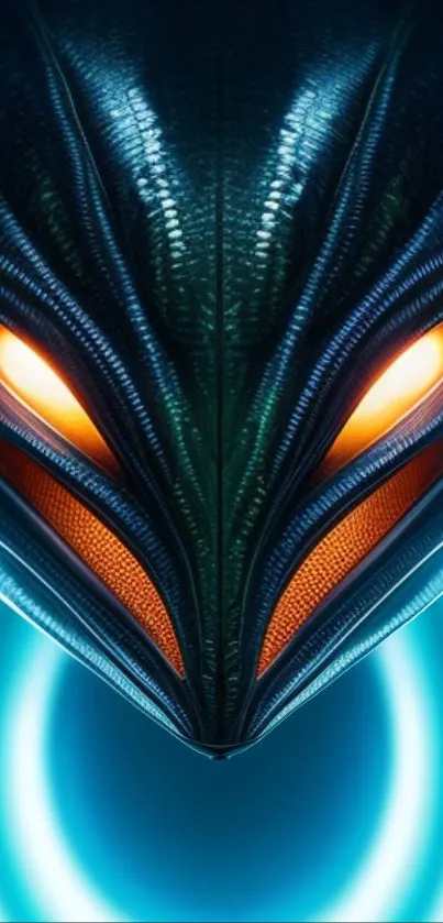 Futuristic alien-like face with neon blue and orange hues.
