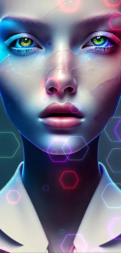 Futuristic neon face wallpaper with glowing hexagonal patterns.