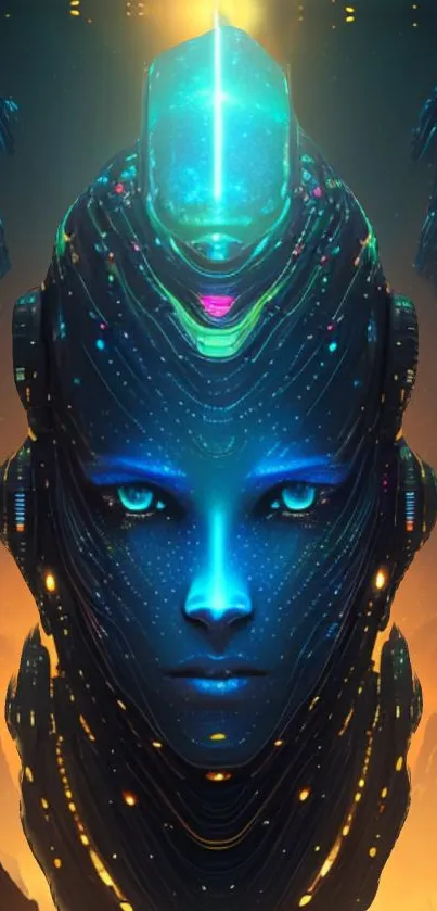 Electric blue futuristic face with neon accents glowing in a digital realm.