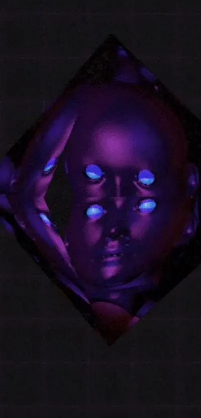 Futuristic neon face with glowing eyes in dark tones on mobile wallpaper.