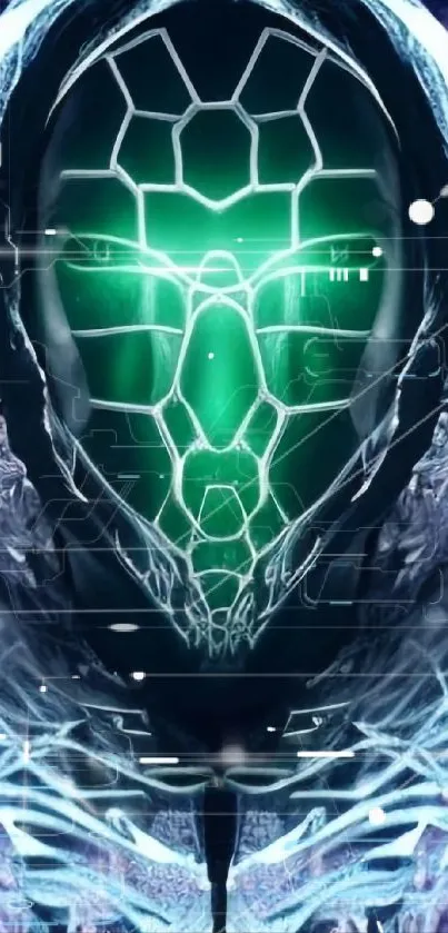 Futuristic neon green face wallpaper with intricate digital patterns.