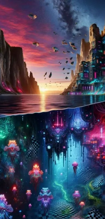 Futuristic city and underwater fantasy world with neon colors.