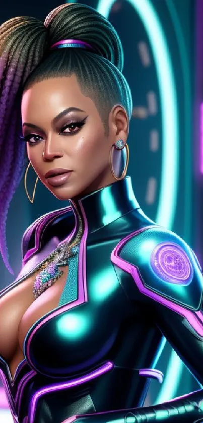 Futuristic neon fashion portrait in cyberpunk city.