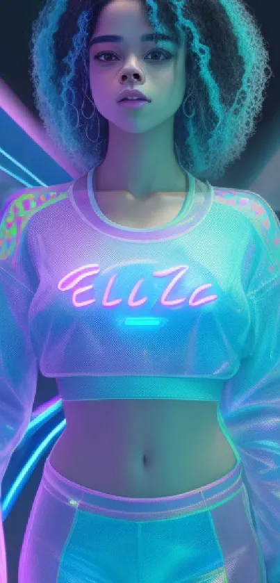 Futuristic neon fashion with glowing blue hues.