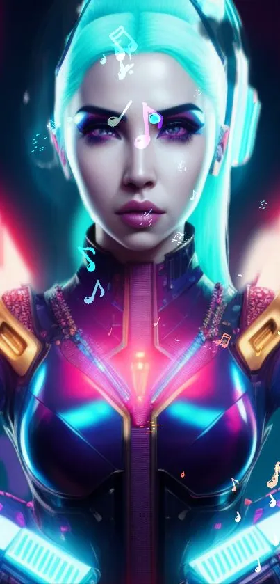 Futuristic female warrior with neon colors and musical notes in a digital art style.