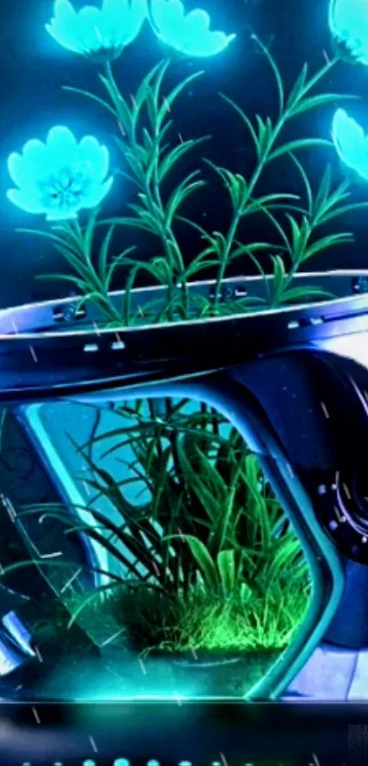 Futuristic display with neon flowers in a space capsule, glowing in blue.